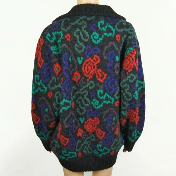 Rare Vintage 80s 90s Lancome Abstract Floral Wool Knit Wool Cardigan Sweater - Picture 4 of 6